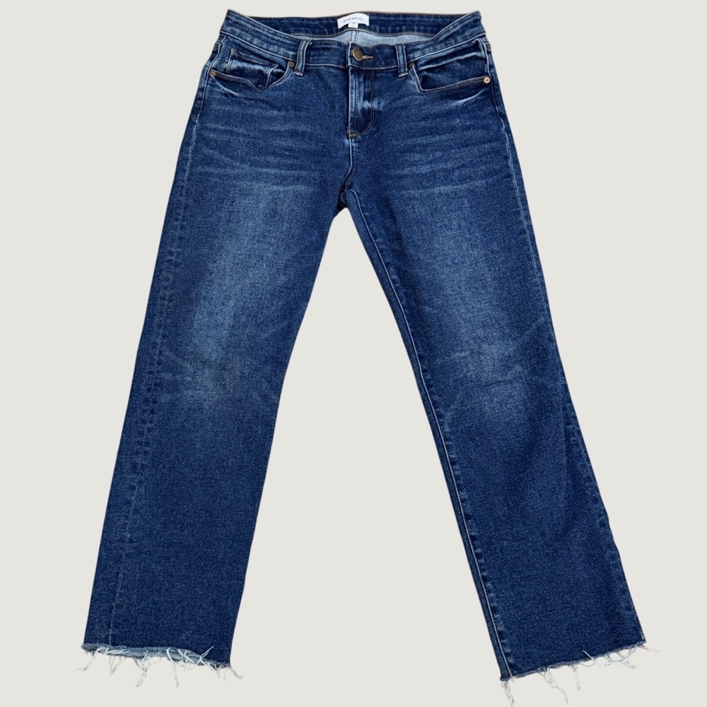 Evereve Ever Denim Jeans Womens 28 Blue Straight Leg Raw Hem Stretch Indigo